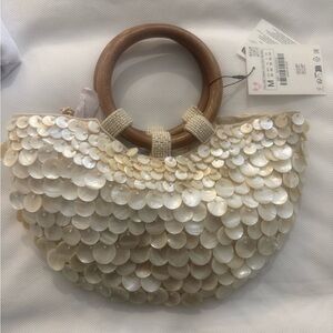 Zara Cream Sequin Clutch with Wooden Handles